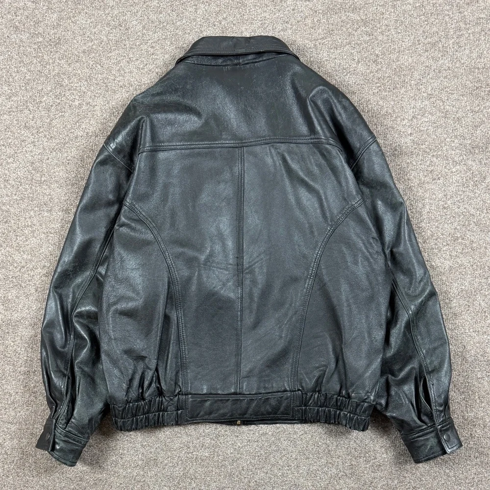 Vintage 90s Black Genuine Leather Distressed Full Zip Bomber Jacket Mens Size XL